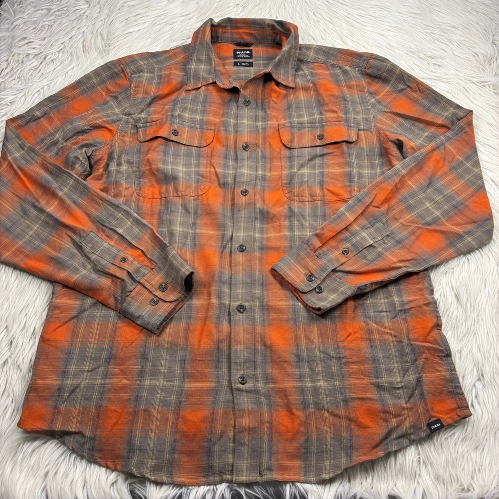 PrAna Men's L Orange Taupe Plaid Edgewater Shirt Gorpcore Hiking Camping Cabin